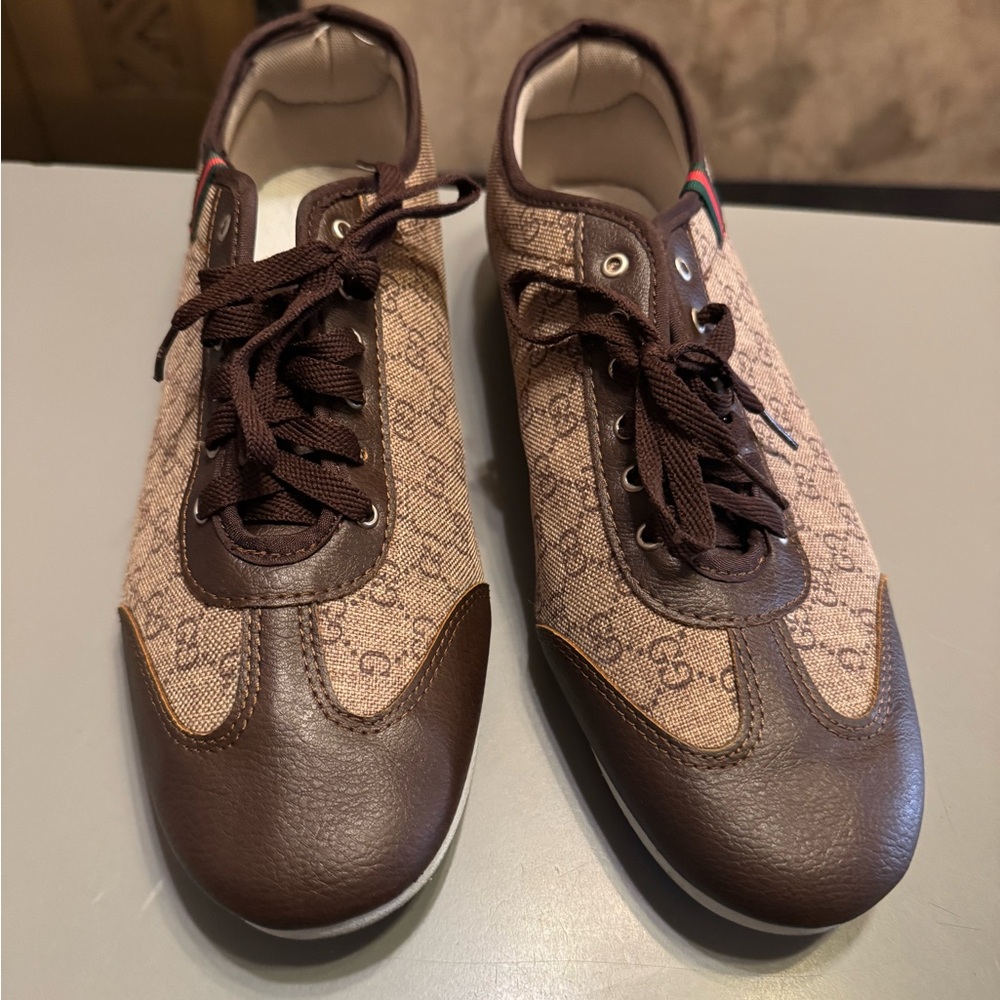 Gucci Beige and Brown Monogram Sneakers